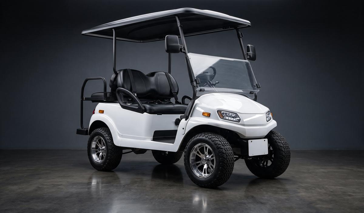 Golf cart fitted with mirrors, turn signals, tail lights, seat belts and a license plate bracket