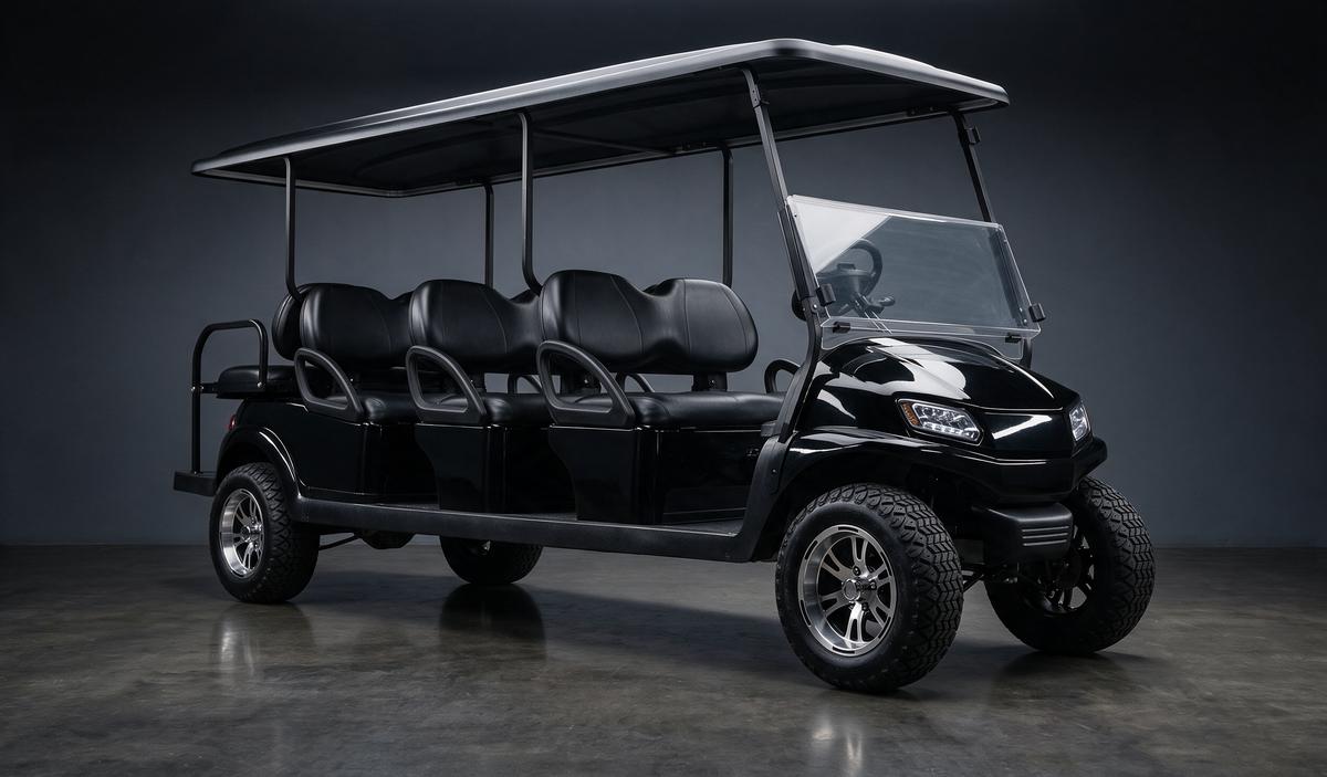 Six passenger stretch golf cart in gloss jet black with three rows of seats