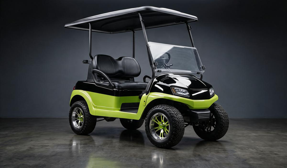 Custom golf cart in a two tone black and lime green powder coat with matching wheel accents